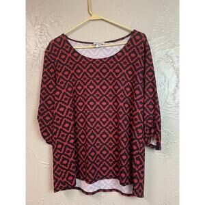 Star‎ Vixen Red Black Geometric Print 3/4 Sleeve Round Neck Top Size Medium